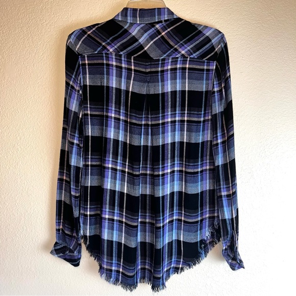 Anthropologie Cloth & Stone Plaid Fringe Hem Button Down Shirt Navy Purple Sz S - Picture 9 of 12